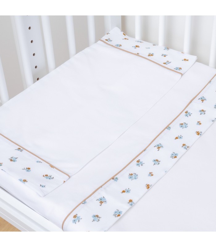 Juego de sábanas personalizadas para bebé - Flores azules