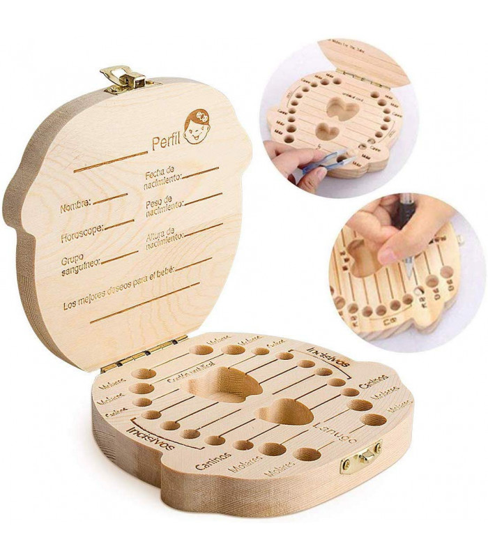 Caja de madera para guardar dientes para niños y niñas